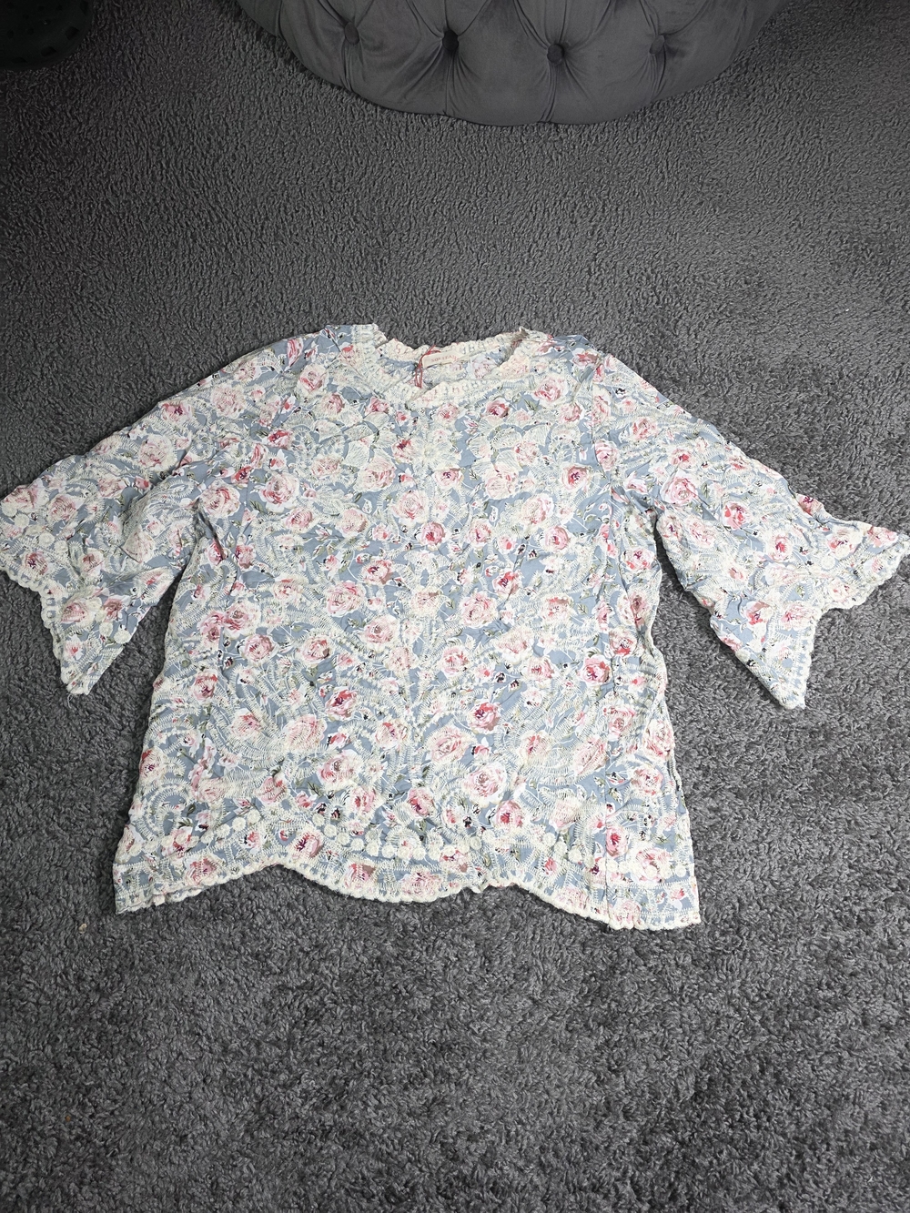 Floral Lace Overlay Women's Top in Light Blue and Pink